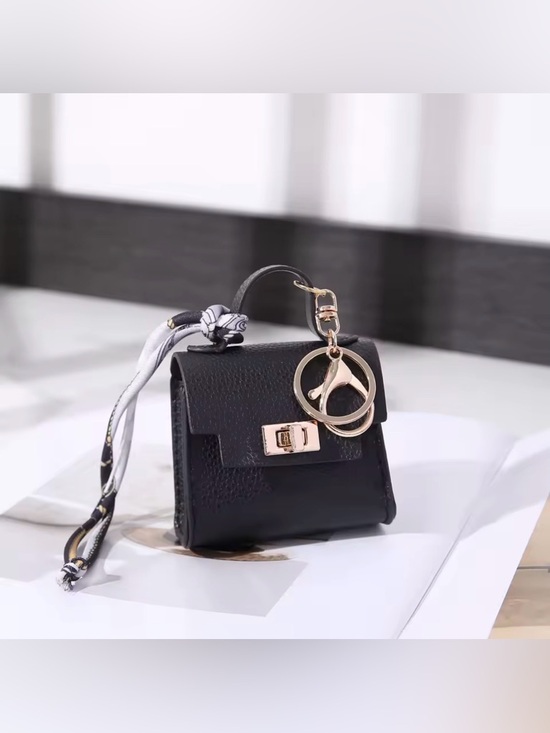 Accessories - Black Mini Bag Charm Accessory with Gold Hardware and Scarf Accent